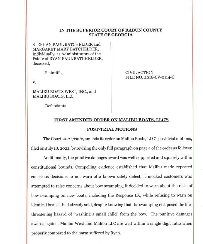 Batchelder v. Malibu Boats LLC First Amended Order on Malibu Boats LLC
