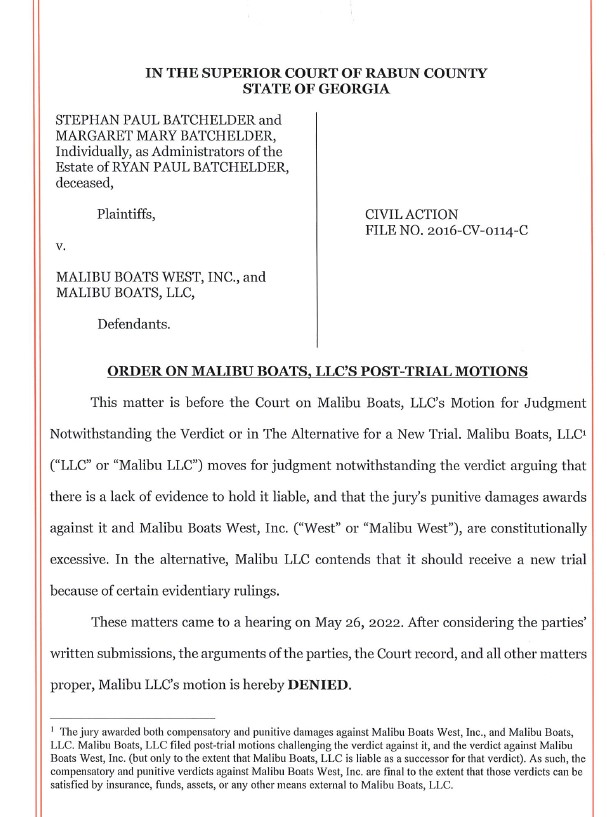Order on Malibu Boats, LLC’s Post-Trial Motions